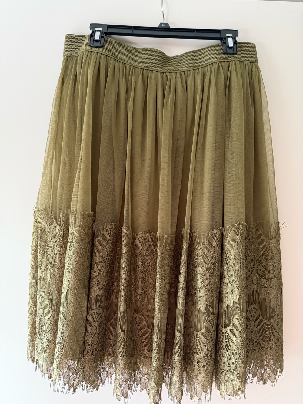 Cato Olive Green Lace-Trim Tulle Midi Skirt